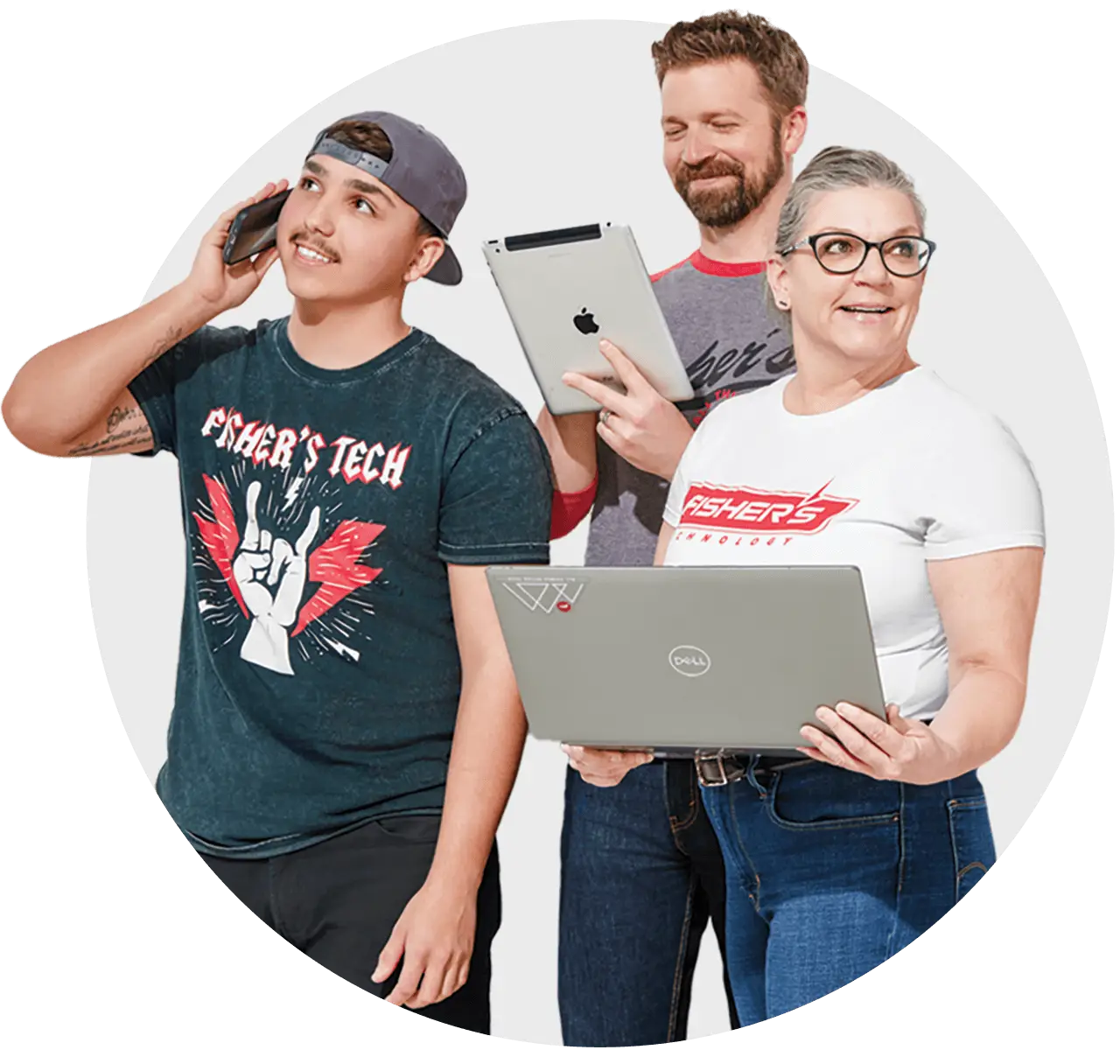 Three people using tech gadgets, smiling
